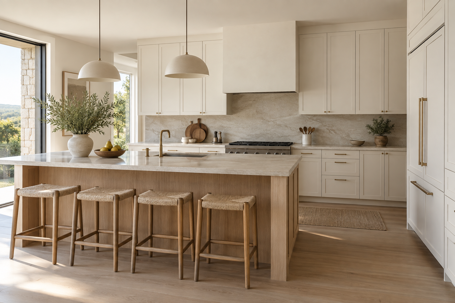 Propuesta conceptual de cocina marfil con isla en roble claro