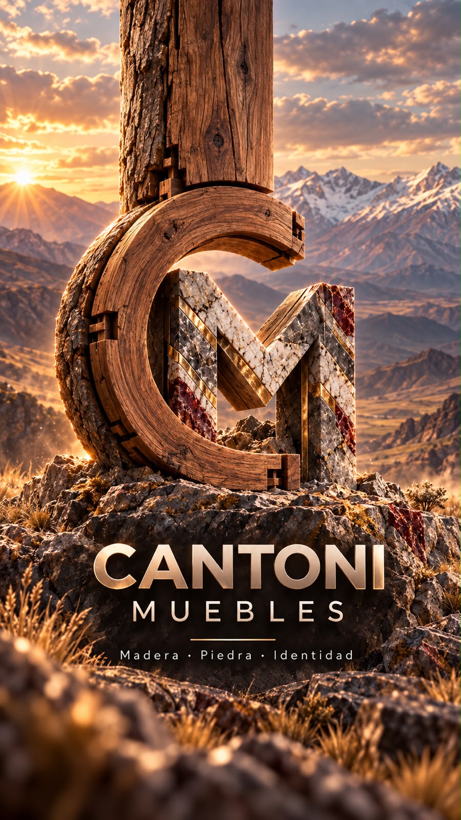 Identidad artística de Cantoni Muebles: monograma de madera y piedra frente a la cordillera