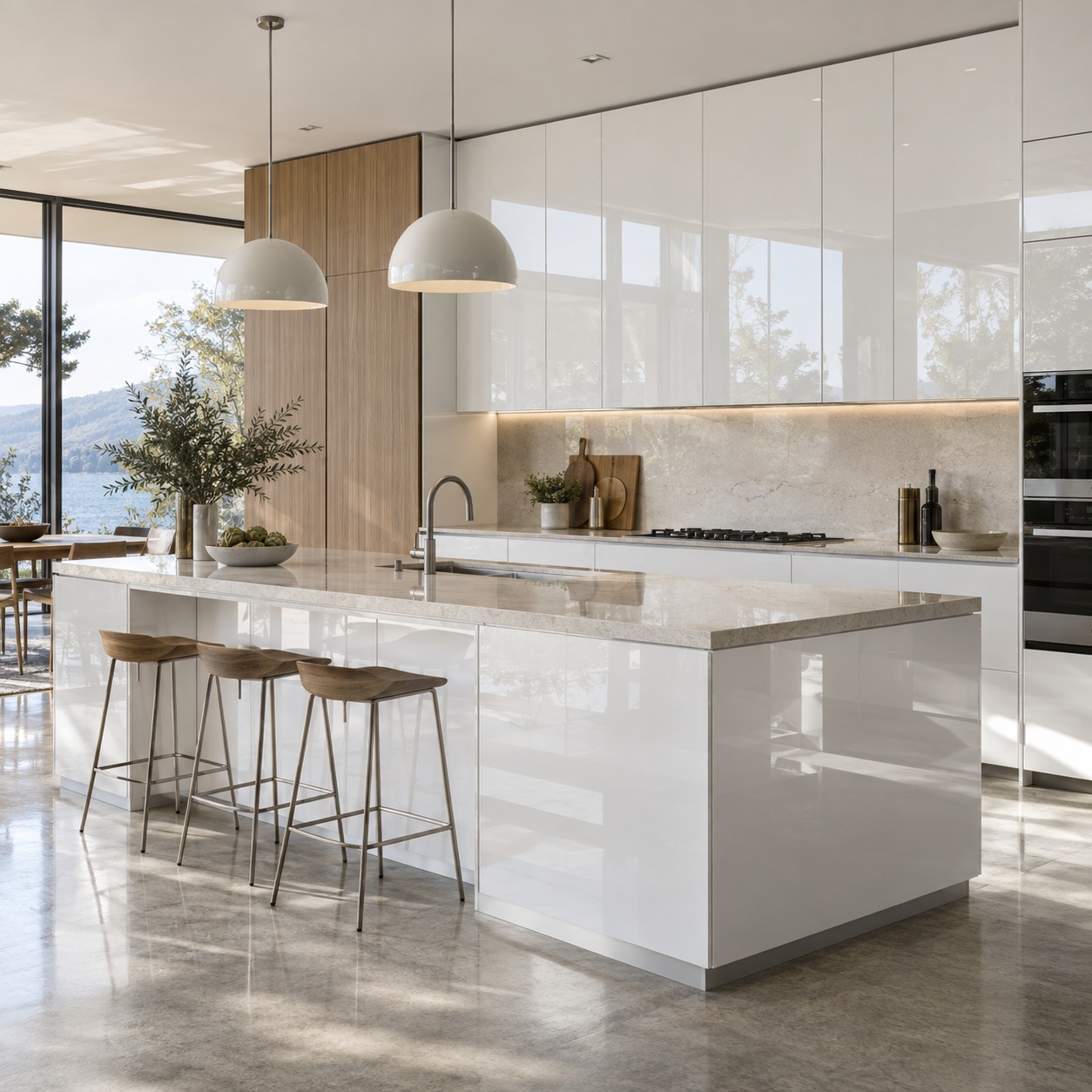 Cocina blanca de alto brillo con reflejos en los frentes