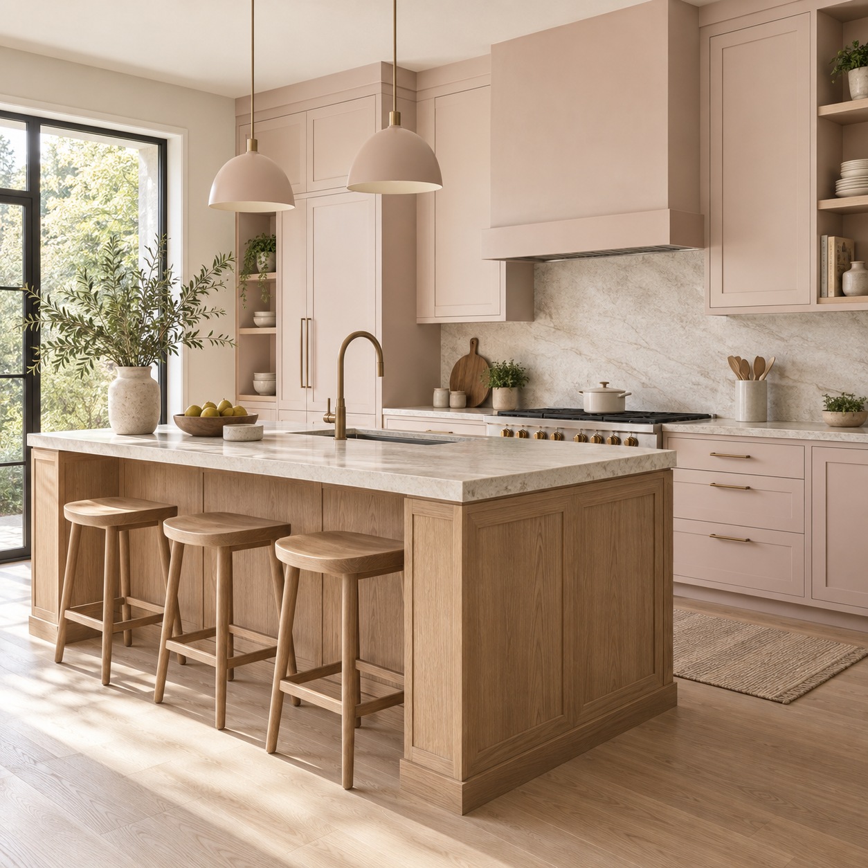 Cocina en tonos pastel suaves combinados con madera clara