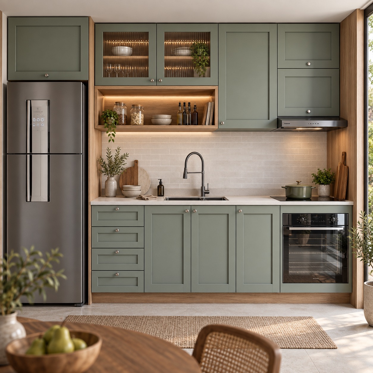 Cocina verde con frentes enmarcados, molduras y un nicho de madera cálida